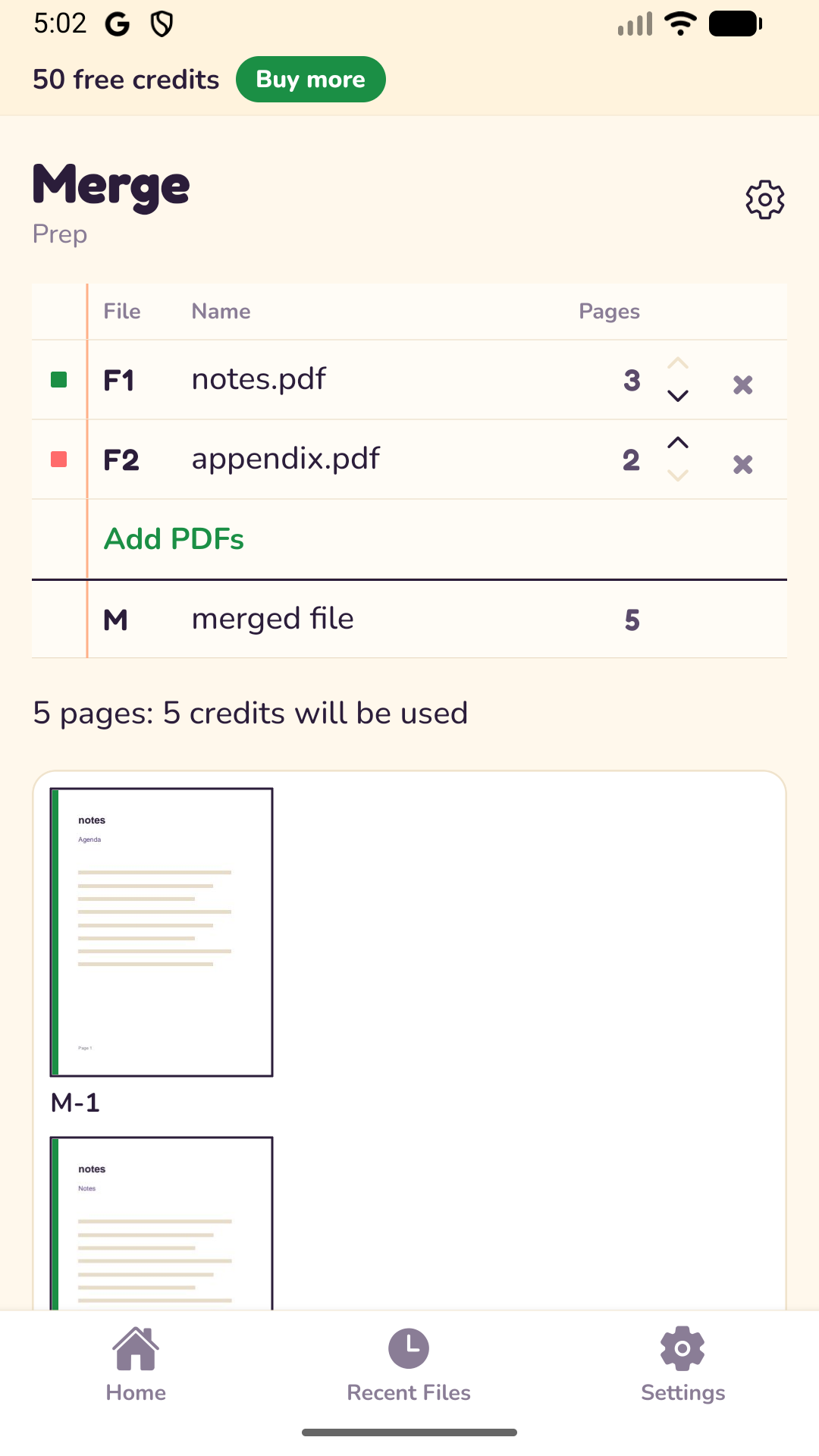 Merge prep with two PDFs and page thumbnails