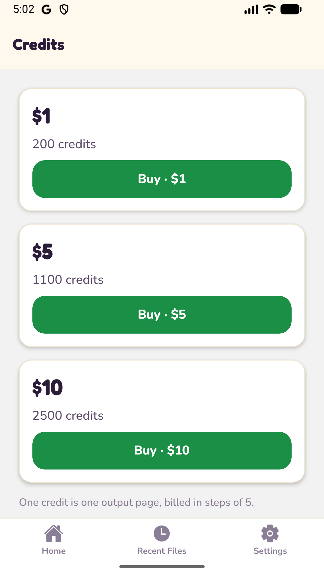 Credit packs at $1, $5, and $10